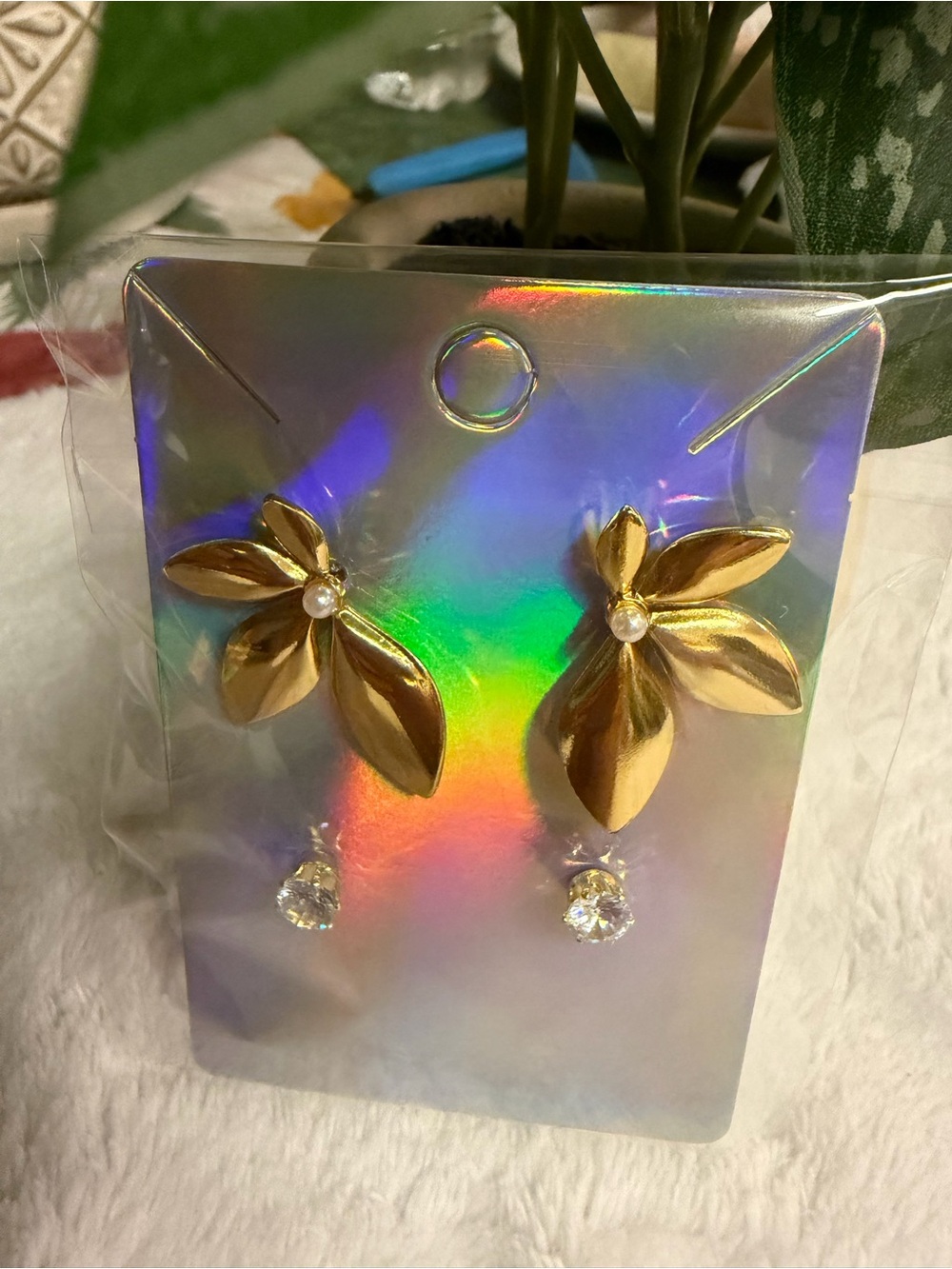 Gold Floral Drop Earrings with Crystal Accent - Women Jewelry